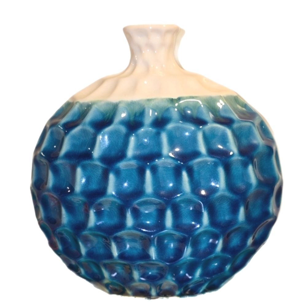 Beautiful Blue & White Hexagonal Honeycomb Ceramic Vase Textured